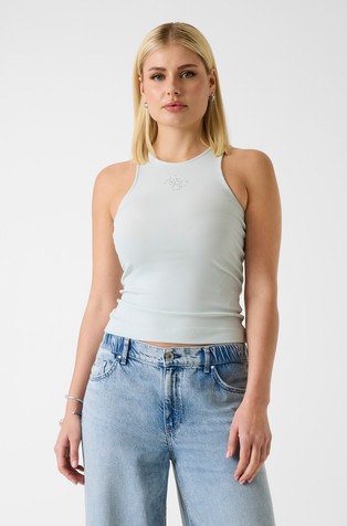 Rib-knit top with rhinestoned logo