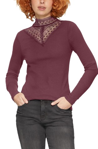 Rebrasta majica s čipkastim umetkom i uzdignutim ovratnikom