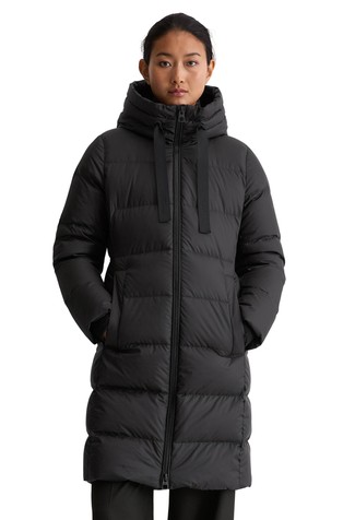 Quilted long hooded down jacket