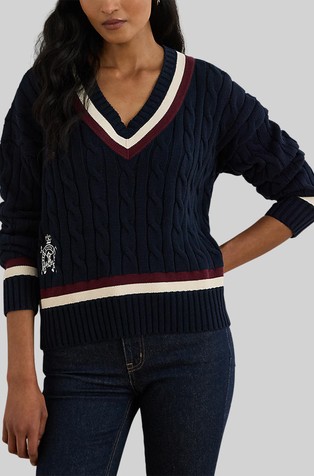 Pleten pamučni pulover s prugastim detaljima