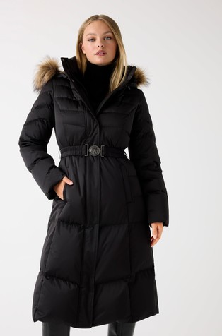 Long hooded down jacket with belt
