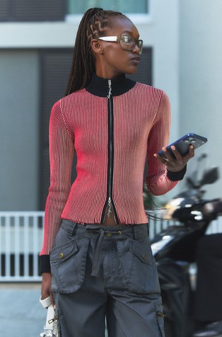 Ribbed knit logo zip cardigan with contrast details