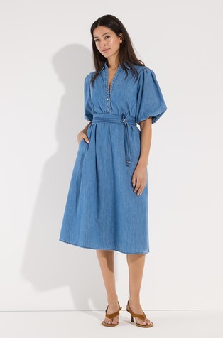 Cotton denim dress with puff sleeves