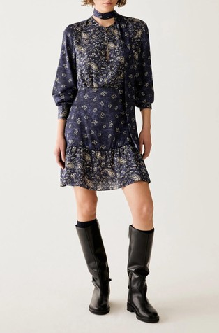 Paisley satin short dress with sash