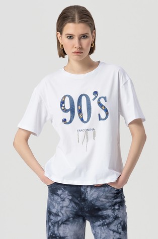 Majica od rastezljivog pamuka s otiskom i ukrasnim kamenčićima