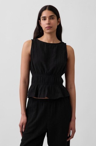 Cotton Gauze Smocked-Waist Peplum Top