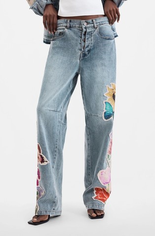 Straight fit jeans with floral patches