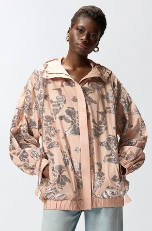 Hooded jacket with floral sequin embroidery