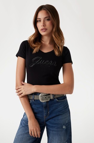 Majica s izvezenim logotipom i ukrasnim kamenčićima