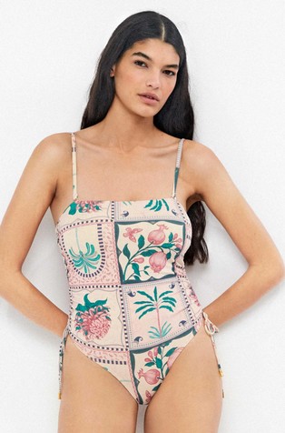 Patterned one-piece swimsuit with removable straps