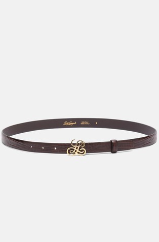 Patterned leather belt with monogram buckle