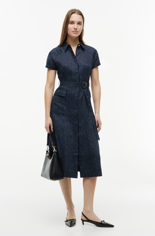 Gold-Tone Button Pinstripe Dress With Linen