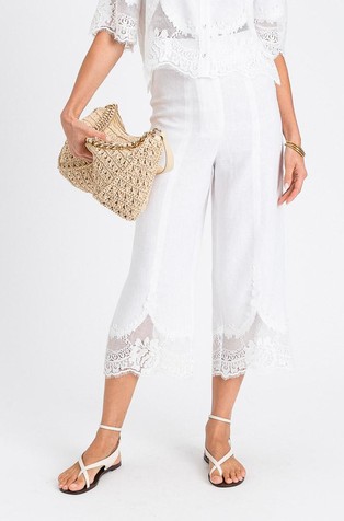 Cropped linen trousers with lace
