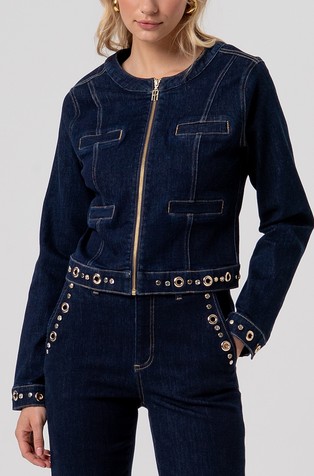 Slim fit denim jakna s metalnim prstenovima