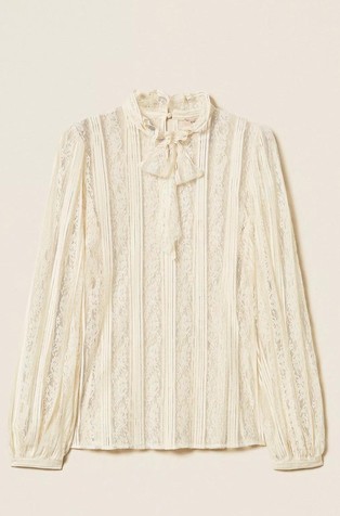 Striped lace blouse with bow