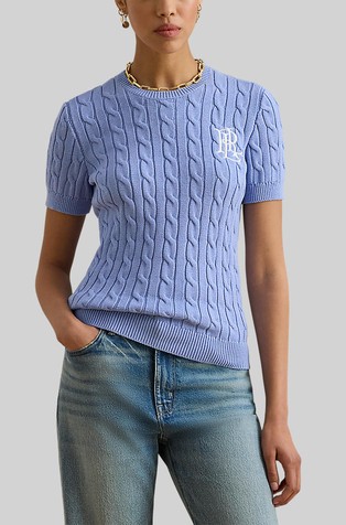 Strukturirano pleten pamučni pulover kratkih rukava