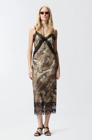 Camouflage midi slip dress with lace
