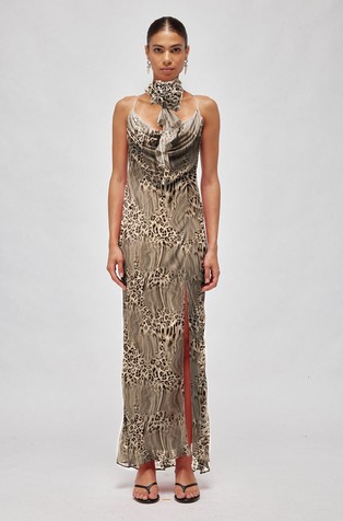 Animal-print maxi dress with removable rose detail