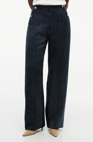 Pinstripe Wide Leg Trousers With Decorative Buttons
