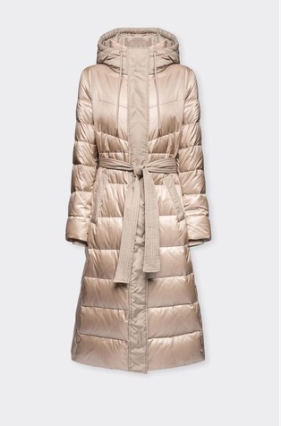 Duga prošivena jakna punjena paperjem s kapuljačom i trakom za vezanje