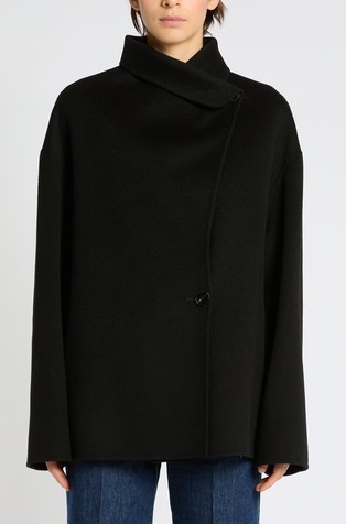 Wool-blend short coat with asymmetric closure