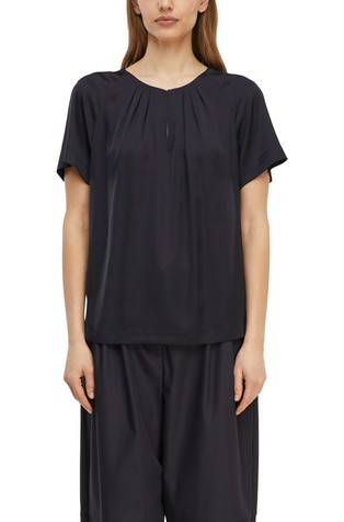 Satenska bluza kratkih rukava s nabranim ovratnikom