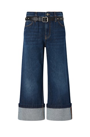 Cropped jeans hlače s kožnim umetkom remena