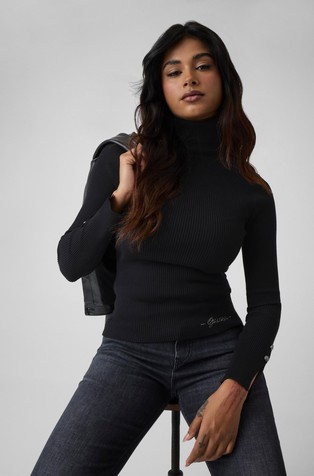 Ribbed turtleneck with buttons on sleeves