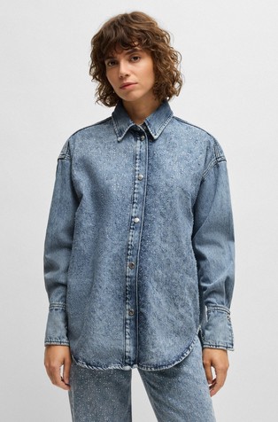 Denim blouse with crystal embellishments