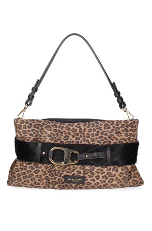 Suede shoulder bag with leopard print