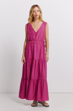 V-neck long dress with flounces