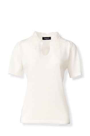 Silk blend short sleeve sweater with lace collar