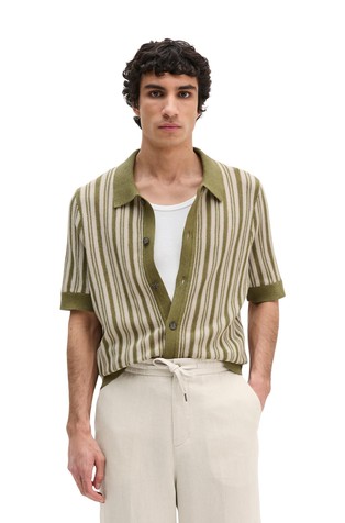 Striped short-sleeved polo cardigan in cotton and linen