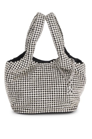 Embellished-mesh bag with decorative chain