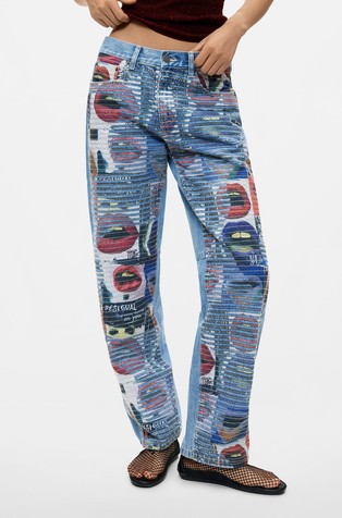 Printed Denim Pants in Cotton