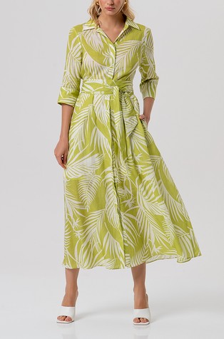 Long chemisier dress regular fit with leaves pattern