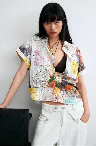 Short-sleeve cotton shirt with eyelet embroidery