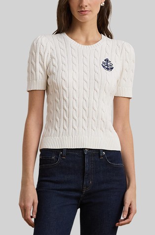 Strukturirano pleten pamučni pulover kratkih rukava