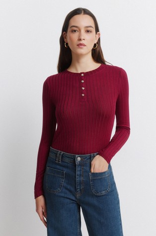 Rebrasta majica s dolgim rukavima in gumbima