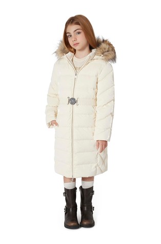 Duga prošivena jakna punjena paperjem s kapuljačom i umjetnim krznom