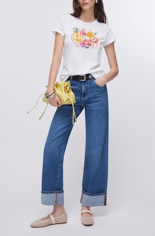 Printed cotton T-shirt with rhinestones