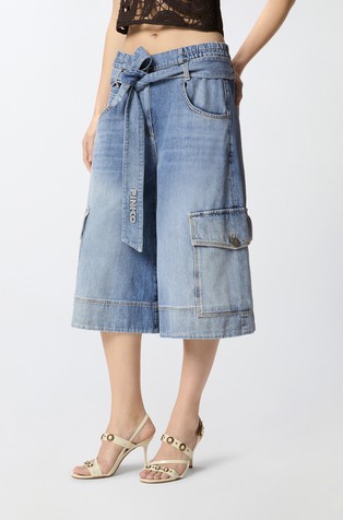 Zvonaste denim bermuda cargo hlače s trakom za vezanje