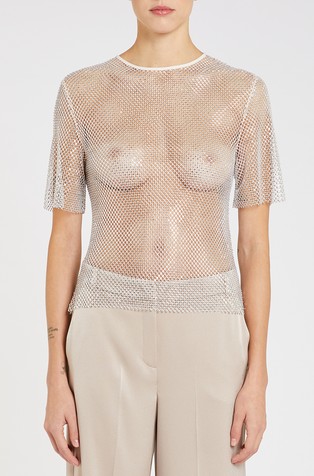 Rhinestone-adorned mesh T-shirt