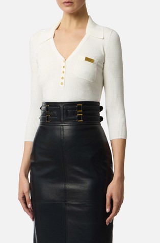 Slim fit rebrasta pletena polo majica s 3/4 rukavima