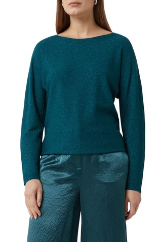 Pleten pulover sa svjetlucavim vlaknima i šišmiš rukavima