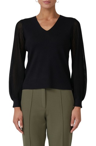 Fine knit sweater with a v-neckline and semi-sheer sleeves