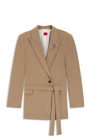 Dugi sako od melirane rastezljive tkanine s trakom za vezanje