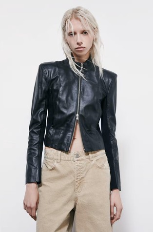 Leather biker jacket with knitted inserts