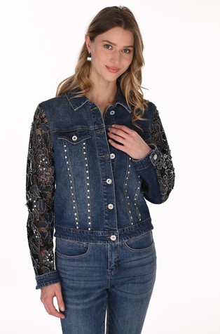 Denim jacket with lace and rhinestones