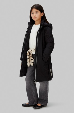 Duga jakna s kapuljačom i logo remenom